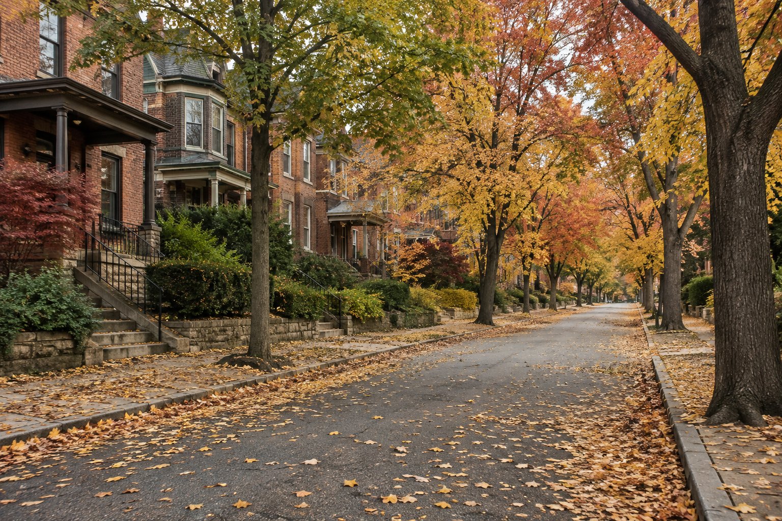 A quiet Pittsburgh residential street with brick homes and autumn trees, illustrative