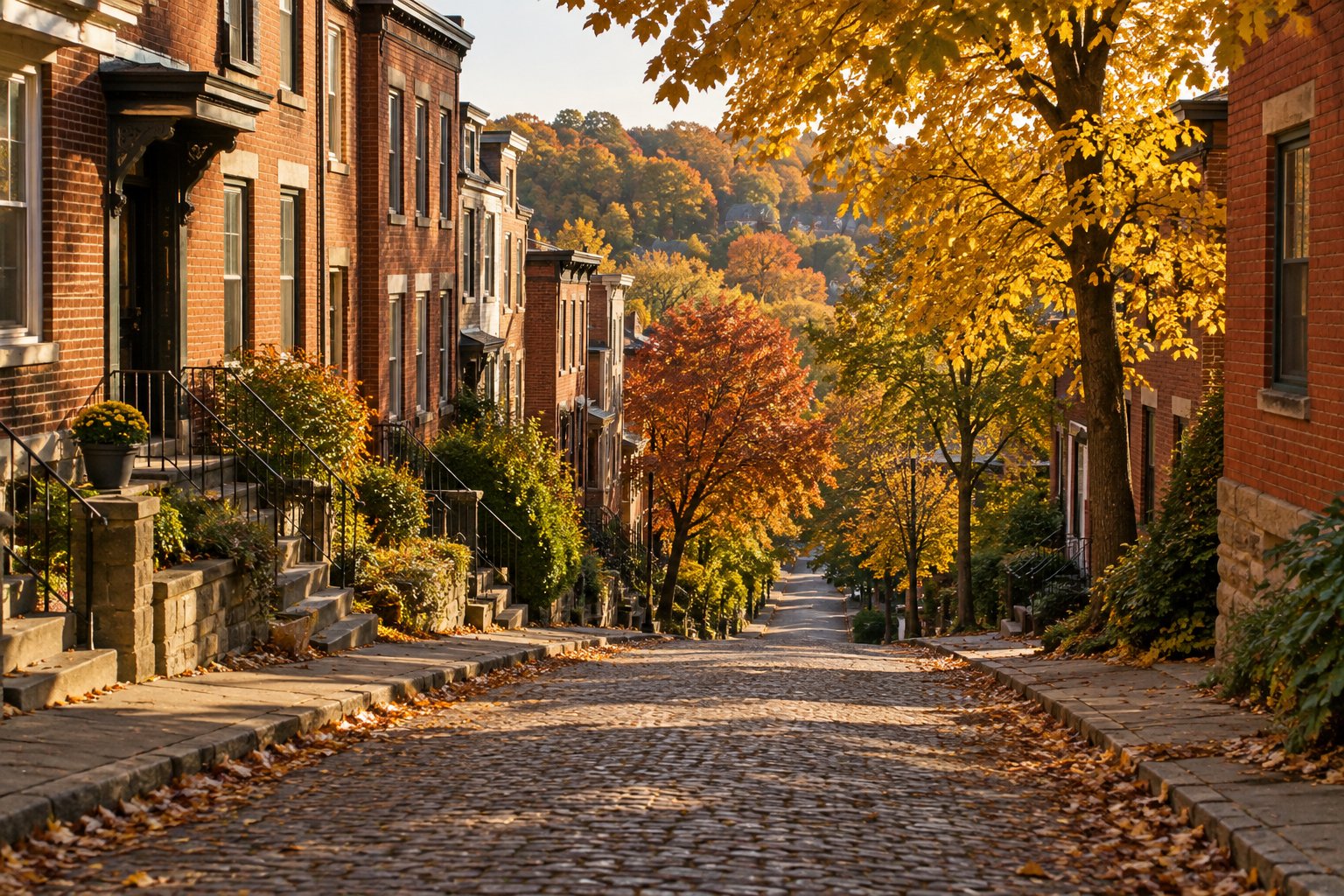 A tree lined Pittsburgh street at golden hour, illustrative